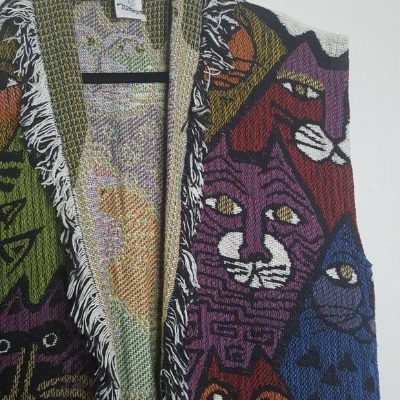 Vintage Nita Originals Cat Print Maxi Vest Sweater Bohemian Hippie Art LG- XLg - Picture 6 of 9